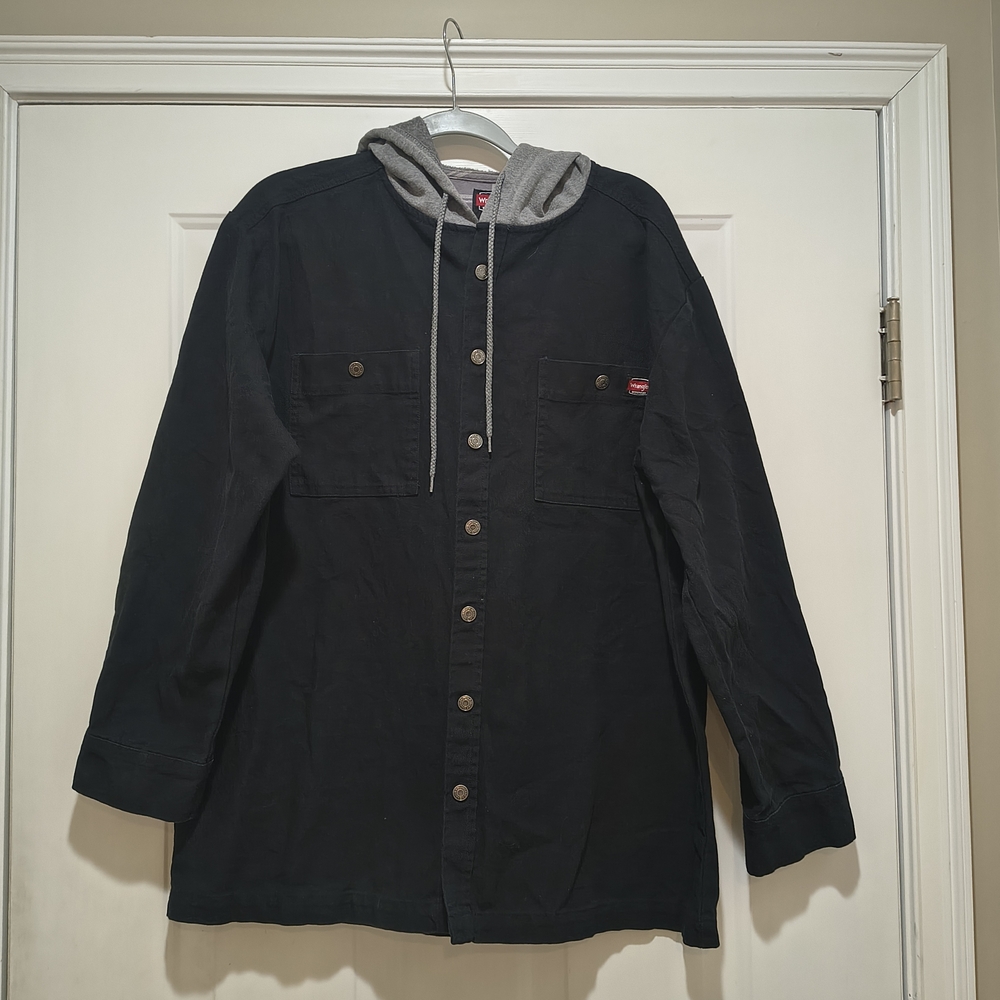 Wrangler Black Denim Hooded Workwear Snap Button Shirt Size Large